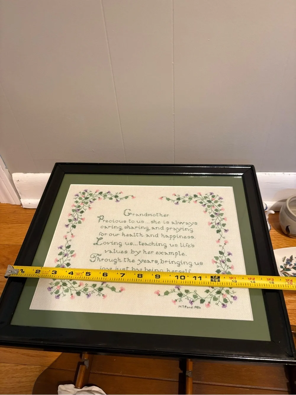 Professionally Framed Green Floral 'Grandmother' Cross-Stitch Wall Art